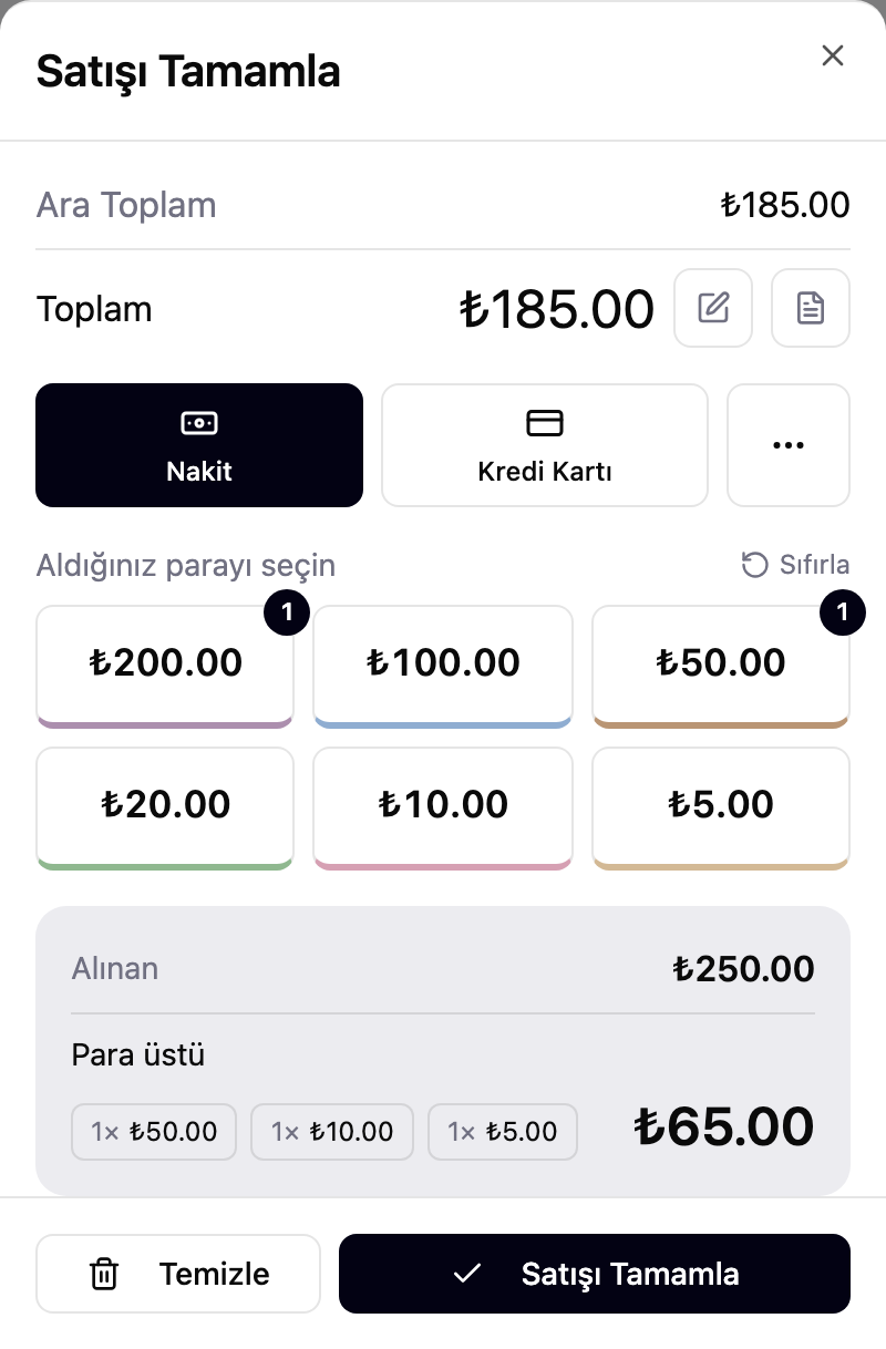 posi mobil nakit sayacı — banknot butonları, alınan tutar ve para üstü dökümü