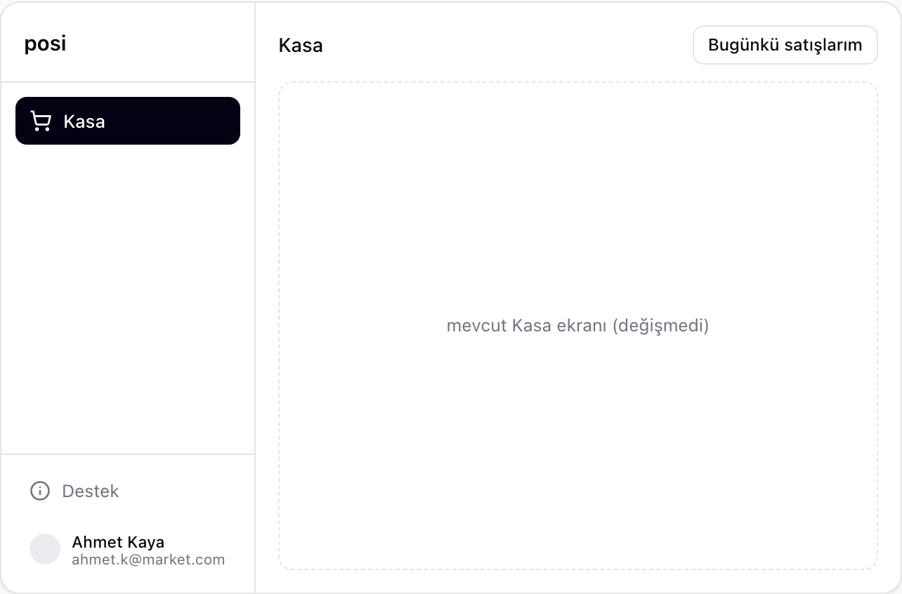posi kasiyer yetkili kenar çubuğu — yalnızca Kasa görünür